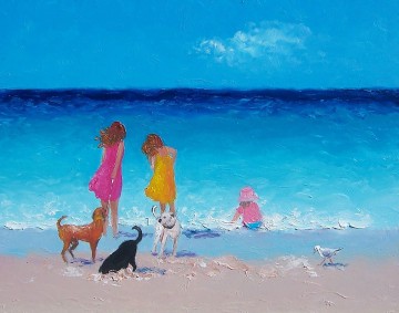 ビーチ Painting - ビーチの女の子と犬